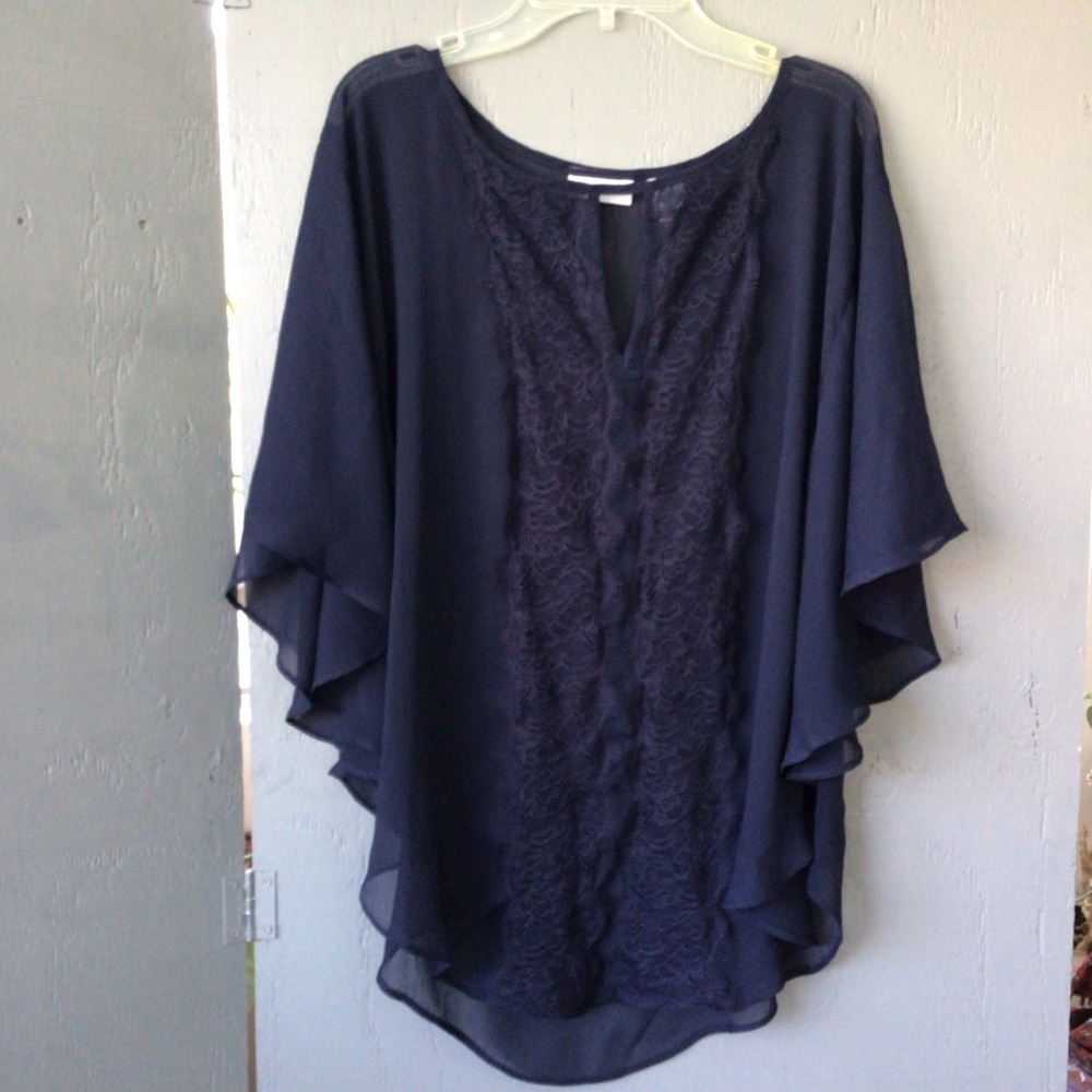 New York & Co Chiffon Navy Flutter Sleeve Top